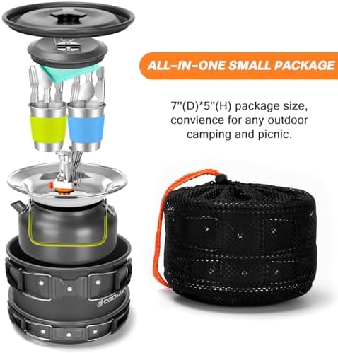 Odoland 16pcs Camping Cookware Set with Folding Camping Stove, Non-Stick Lightweight Pot Pan Kettle Set with Stainless Steel Cups Plates Forks Knives Spoons for Camping Backpacking Outdoor Picnic