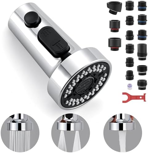 Kitchen Faucet Head Replacement with 15 Adapters, 3 Function Pull Down Kitchen Faucet Spray Head, Pull Out Kitchen Sink Tap Sprayer Nozzle, Chrome, Plastic