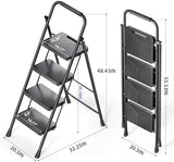 KINGRACK Folding 4 Step Ladder, Portable Ladder for Multi-Purpose, Home, Kitchen, Heavy Sturdy Steel Step Stool with Anti-Slip Wide Pedals, Handrail, Safe-Lock Design, Pass 500lbs Load Testing, Black