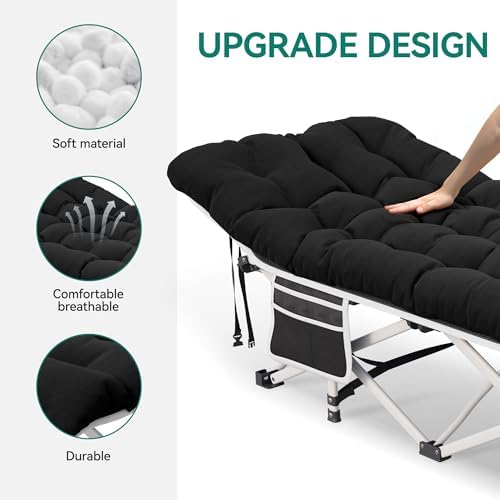 YITAHOME 2 Pcs Camping Cots w/Mattress Portable Lounge Chair Outdoor Folding Cot Heavy Duty 575 LB Capacity 1200D Oxford w/Carry Bag Travel Camp Bed for Camping, Office, Traveling, Black