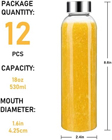 [12 Pack]18 oz Glass Water Bottles with Lids, Juice Bottles, Clear glass juice bottle for juicing, Eco-Friendly Reusable Glass Juicing Bottles with Stainless Steel Lid, BPA Free,Leak-Proof