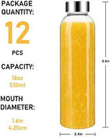 [12 Pack]18 oz Glass Water Bottles with Lids, Juice Bottles, Clear glass juice bottle for juicing, Eco-Friendly Reusable Glass Juicing Bottles with Stainless Steel Lid, BPA Free,Leak-Proof