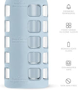 purifyou 40/32/22/12 oz Borosilicate Glass Water Bottles with Volume Markers, Silicone Sleeve, Stainless Steel Lid, Reusable Bottle for Water, Juice, Gym, and Fridge Storage (22oz Ice Blue)