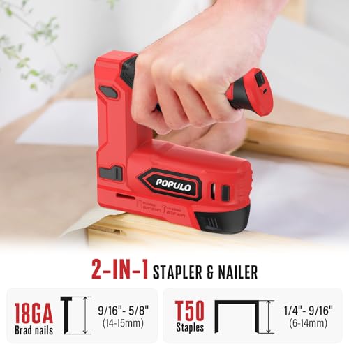 POPULO Electric Staple Gun, 2 in 1 Electric Stapler Tacker 4V Cordless Brad Nailer Kit, Battery Powered Nail Gun for Upholstery, Carpentry, DIY with Staple Remover, 1550 Staples and Nails