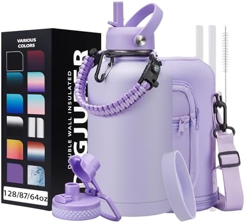 Half Gallon Water Bottle Insulated - 64 oz Water Bottle with Carrying Sleeve, Paracord Handle, Straw Spout Lid, Leak-proof Metal Hydro Water Jug for Workout Sport Hiking Gym, Purple Big Flask Thermo