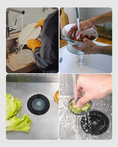 Hibbent 2 Pack 3 in 1 Kitchen Sink Drain Strainer and Stopper Combo, Stainless Steel Metal Pop Up Sink Stopper, Anti-Clogging Basket Strainer with Handle for US Standard 3-1/2 Inch Drain, Black