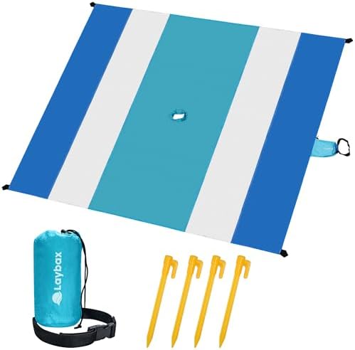 Blue Beach Blanket with Umbrella Hole 7ftx5ft- Water Resistant, Sandproof, Lightweight, Rip-Stop Nylon with Umbrella Hole & Sand Pockets, Camping Essentials, Beach Canopy Compatible