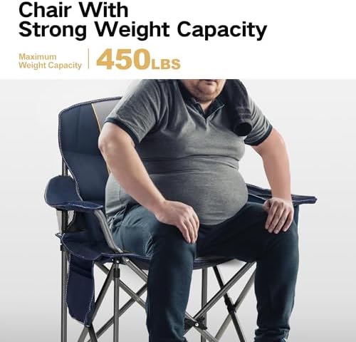 ALPHA CAMP Oversized Camping Folding Chair Heavy Duty with Cooler Bag Support 450 LBS Steel Frame Collapsible Padded Arm Quad Lumbar Back Chair Portable for Lawn Outdoor,Blue