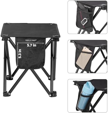 Triple Tree 2 Pack Folding Camping Stool, 13.8 Inch Small Portable Lightweight Stool Seat with Side Pocket and Carry Bag for Travel, Hiking, BBQ, Fishing and Beach, Load Capacity to 400lbs