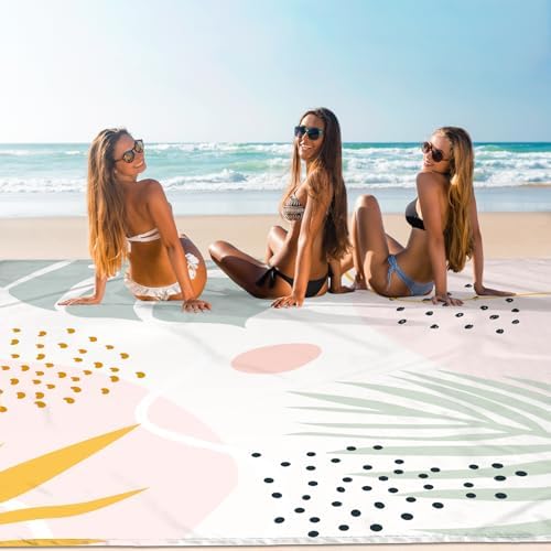 Waterproof Beach Blanket, 110''×118'' Extra Large Sand Free Beach Mat 4-8 Adults, Lightweight Portable Polyester Outdoor Picnic Blanket with 4 Stakes & 4 Corner Pockets for Camping, Travel