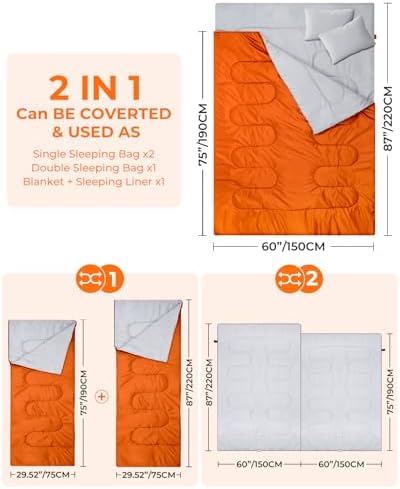 Ohuhu Double Sleeping Bag for Adults with 2 Pillows, Queen Size Two Person Sleeping Bag for Camping Hiking Backpacking 2 Person Sleeping Bags for Cold Weather & Warm