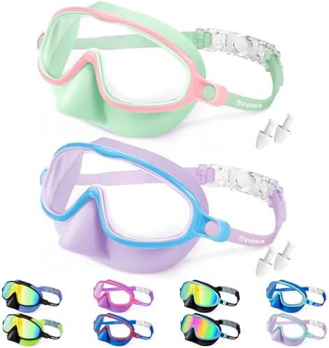Vvinca Swim Goggles with Nose Cover, 2 Pack Wide View Diving Mask Anti-Fog UV No Leak Toddlers Swimming Goggles for Kids 3-15