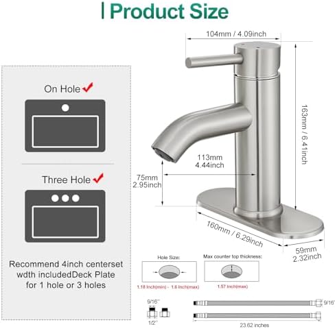 Bathroom Faucet Brushed Nickel One-Handle, Modern one Hole Bathroom Sink Faucet Lavatory Faucet with Deck