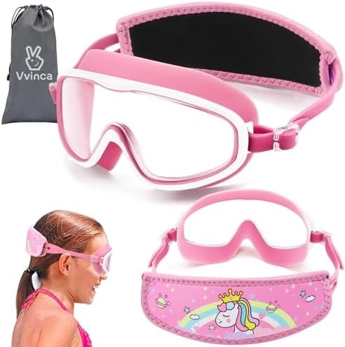 Vvinca Kids Swim Goggles for Age 2-8, Toddler-Goggles with Fabric Strap No Leak Pain-Free, Anti-Fog Goggles for Girls Boys