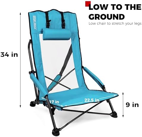 SPORT BEATS Low Beach Chairs Set of 2 Folding Beach Chairs High Back Support with Head Pillows Shoulder Straps