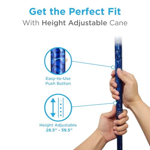 NOVA Medical Products Sugarcane, Walking Cane with All Terrain Rubber Quad Tip Base and Carrying Strap, Waves Design, Blue Rain
