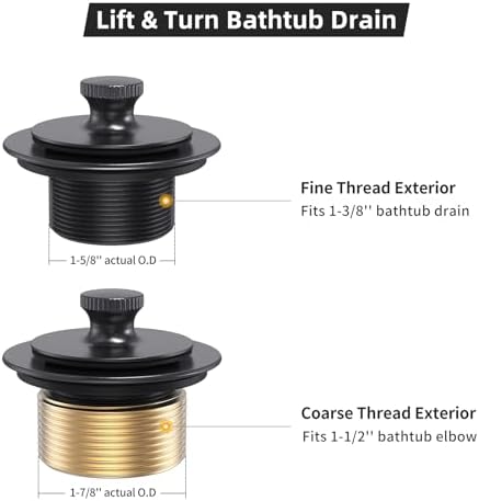 Matte Black Tub Drain and Overflow Kit, Replacement Bath Tub Drain Trim Set,Lift & Turn Bathtub Drain Kit with 2-Hole Overflow Faceplate Conversion Kit Assembly Fine/Coarse Thread