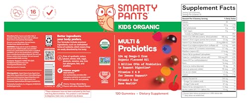 SmartyPants Organic Kids Multivitamin Gummies: Probiotics, Omega 3 (ALA), Vitamin D3, C, Vitamin B12, B6, A, K & Zinc for Immune Support, Biotin, Three Fruit Flavors, 120 Count (30 Day Supply)