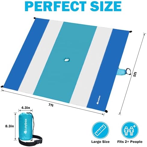 Blue Beach Blanket with Umbrella Hole 7ftx5ft- Water Resistant, Sandproof, Lightweight, Rip-Stop Nylon with Umbrella Hole & Sand Pockets, Camping Essentials, Beach Canopy Compatible