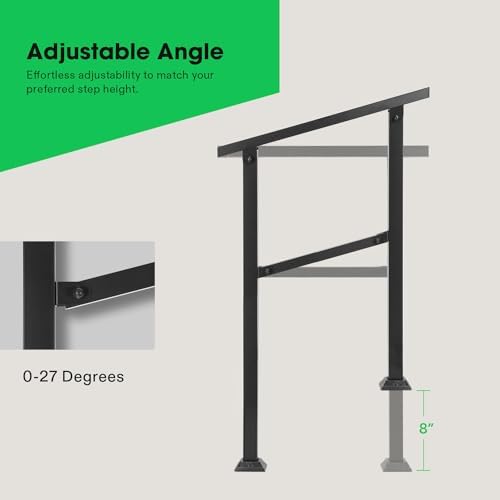 VIVOSUN Outdoor Handrail, 2 Step Stair Handrail, 26" × 36" Fits 1 to 2 Steps, Wrought Mattle Iron Handrail for Concrete Steps, Porch Steps, One-Step Assembly, Black