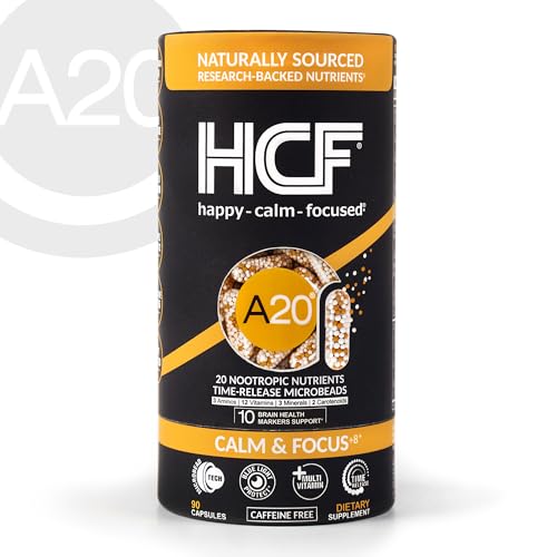 HCF A20 Microbead Brain Health Supplements for Adults for Memory, Focus, Calm, Mood, Alertness, Attention, Vision, Sleep, Immune System, 20 Premium Nootropic Nutrients Multivitamin & 7 Advances® Tech