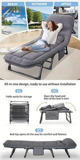 Chaise Lounge Chair, Folding Cot, 6-Angle Adjustable Camping Cot with Mattress for Patio and Beach, Foldable Bed Portable Heavy Duty Lay Flat Reclining with Pillow (Grey, M - 70")