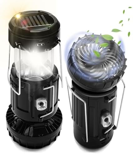 2-Pack Solar Camping Fan w/ Lantern, DIBMS Collapsible Solar Powered USB Rechargeable & Battery Powered Emergency Hanging Lights for Camping Tent Hurricanes Power Outages Storm Indoor Outdoor