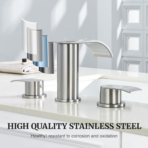 Ultimate Unicorn 8 inch Bathroom Faucet Brushed Nickel, Waterfall Bathroom Sink Faucet with Metal Pop-up Sink Drain Stopper and 2 Supply Hoses,2 Handle Widespread Faucet for Vanity Sink 3 Holes