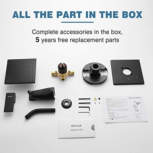 Esnbia Tub Shower Faucet Set (Valve Included) with 6-Inch Rain Shower Head and Tub Spout, Black Shower Head and Handle Set，Single-Handle Tub and Shower Trim Kit, Matte Black