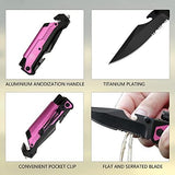 8.5" Military Outdoor Hunting Camping Pocket Knife, 7 in 1 Multi-Function Folding Knives with Fire Starter LED Light Seatbelt Cutter Glass Breaker Bottle Opener Tactical Blade (Pink)