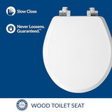 Mayfair Bennett Toilet Seat with Chrome Hinges, Slow Close Wood Seat, Secure Metal Hinges, Easy Install, Made in USA, Round, White