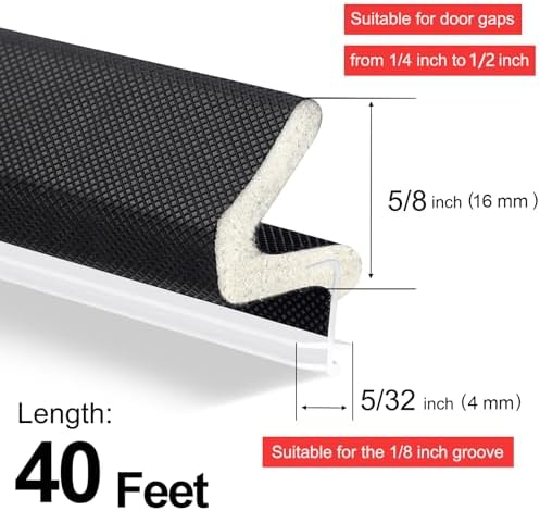 40 Feet Door Weather Stripping, Kerf Weather Stripping for Doors with Groove, Kerf Door Seal for Large Gap and Easy Installation(40, Black)