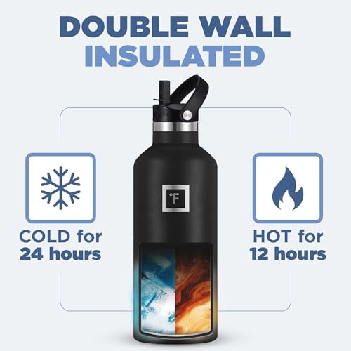 IRON °FLASK Camping & Hiking Hydration Canteens - 3 Lids (Narrow Straw Lid) Leak Proof Vacuum Insulated Stainless Steel - Hot & Cold Double Walled Sports Water Bottle - Black Marquina, 32 Oz