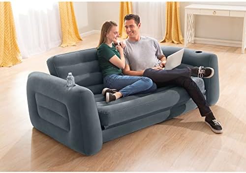 Intex Inflatable Pull-Out Sofa: Velvety Surface, 2-in-1 Valve, Cupholder, 46" x 88" x 26" - Blow-Up Couch and Folding Queen Size Air Mattress Bed