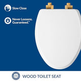 Mayfair Bennett Toilet Seat with Brushed Gold Hinges, Slow Close Wood Seat, Secure Metal Hinges, Easy Install, Made in USA, Elongated, White
