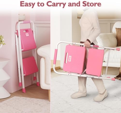 BONTEC 2-Step Ladder, Folding Step Stool, 600lbs Max Load Capacity, Sturdy Steel, Non-Slip Pedals, Lightweight, Portable Steel Ladder with Convenient Handrail, Safety Design for Home & Work, Pink