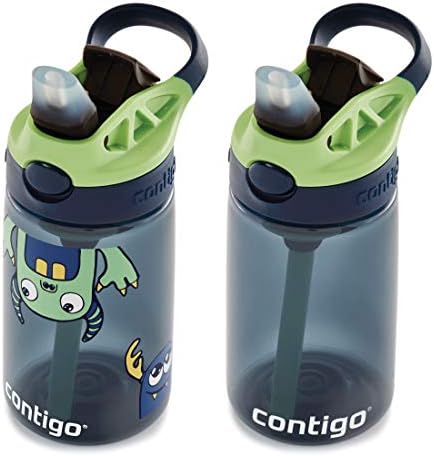Contigo Aubrey Kids Water Bottle, Cleanable Silicone Straw, Spill-Proof Lid, Dishwasher Safe, 14oz 2-Pack, Blueberry & Monsters Theme