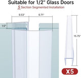 AmazerBath 5 PCS Shower Door Side Seal Strip -15.75 Inches x 5, 5 Sections Segmented Shower Installation Kit, Frameless Glass Door Seal Strip - Suitable for 1/2 Inch Glass