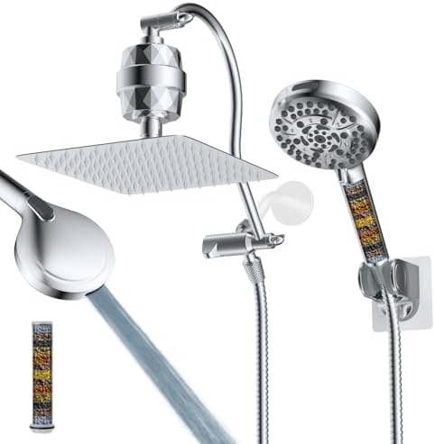 Hibbent All Metal 10'' Dual Filtered Rainfall Shower Head Combo, High Pressure Handheld Shower Head with 12'' Adjustable Curved Extension Arm, 20 Stage Shower Filter, 10-spray, 71'' Hose, Chrome