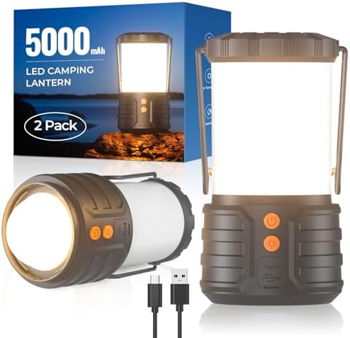 2 Pack Camping Lantern,Led Camping Lanterns,5000mAh Rechargeable Battery Emergency Lights for Power Outages,3 Colors,IPX4 Waterproof Portable Flashlight Camping Tent Light for Home or Hurricane Hiking