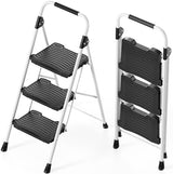 KINGRACK 3 Step Folding Ladder, 900 lbs Load Capacity, Non-Skid Large Pedals, Handrail, Safety Lock, Sturdy Step Stool for Home, Office, Garden, Multi-Purpose, White