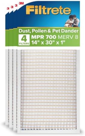Filtrete 14x30x1 AC Furnace Air Filter, MERV 8, MPR 700, Tough on Pollen, Easy on Airflow, 3-Month Pleated 1-Inch Electrostatic Air Cleaning Filter, 4-Pack (Actual Size 13.813 x 13.813 x 0.8125 in )