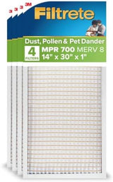 Filtrete 14x30x1 AC Furnace Air Filter, MERV 8, MPR 700, Tough on Pollen, Easy on Airflow, 3-Month Pleated 1-Inch Electrostatic Air Cleaning Filter, 4-Pack (Actual Size 13.813 x 13.813 x 0.8125 in )