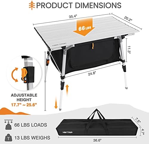HEYTRIP Folding Camping Table with Storage Bag Roll-Up Aluminum Portable Beach Table Adjustable Height Picnic Table, Grey