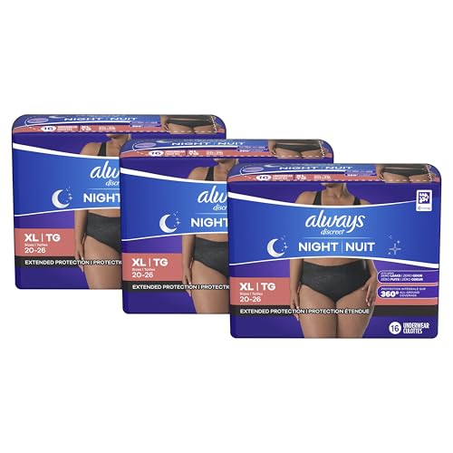 Always Discreet Adult Incontinence Overnight Underwear for Women, Extra Large, Up to 100% Bladder Leak Protection, 48 Count (3 Packs of 16)