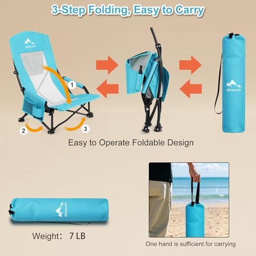 Oileus Folding Portable Beach Chair, High-Back Low-Seat Lightweight Chair for Beach Tents, Shelters, and Camping, Full Mesh Backrest | Cup Holder | Storage Bag | Carrying Bag | 2 Armrests