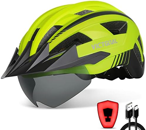 VICTGOAL Bike Helmet with USB Rechargeable Rear Light Detachable Magnetic Goggles Removable Sun Visor Mountain & Road Bicycle Helmets for Men Women Adult Cycling Helmets