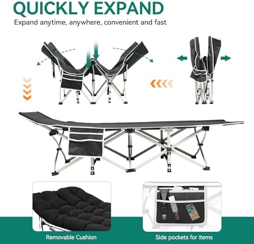 YITAHOME 2 Pcs Camping Cots w/Mattress Portable Lounge Chair Outdoor Folding Cot Heavy Duty 575 LB Capacity 1200D Oxford w/Carry Bag Travel Camp Bed for Camping, Office, Traveling, Black