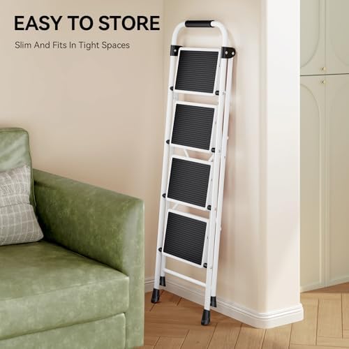 KINGRACK Step Ladder 4 Step Folding Step Stool for Adults with Handrails Heavy Duty Steel Sturdy Lightweight Collapsible Portable Step Ladder with Anti-Slip Wide Pedal,White