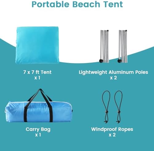 Beach Tent - 9.8 * 6.5 FT Canopy, Portable Beach Tent Sun Shelter UPF 50 with 4 Sandbags, Stability Poles, Ground Pegs and Anti-Wind Ropes, Outdoor Shade Canopy for Camping Picnics